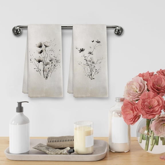 Vintage Boho Beige Floral Kitchen Towels and Dishcloths Sets of 2, Rustic Vintage Boho Botanical Wildflower Cream Decor Dish Hand Tea Towels for Farmhouse Bathroom Kitchen