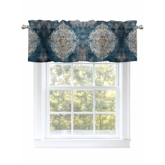 Vintage Boho Bllue Curtain Valances for Windows, Abstract Retro National Flower Kitchen Valance Window Treatment, Light Filtering Block Curtains for Bathroom/Bedroom/Living Room 54'' x 18''