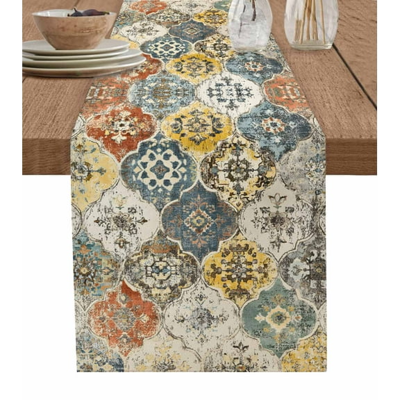 Vintage Boho Burlap Cotton Table Runner 13x36 Inches Short, Chic Farmhouse Neutral Morocco Geometric Farmhouse Table Runners, Outdoor Dining Tablecloths Decor for Baby Shower/Party/Wedding