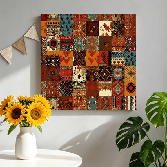 Vintage Boho Canvas Wall Art, Rust Brown Exotic Ethnic Native Geometric Framed Canvas Wall Decor Picture Print Artwork Decorations for Living Room Office Ready to Hang 10" x 10"