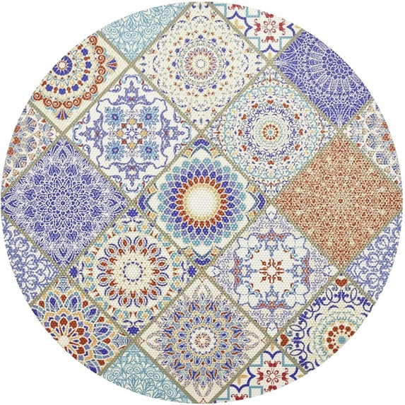 Vintage Boho Ceramic Tile Round Placemat Set of 6, Non-Slip Heat Resistant & Waterproof Plate Pads for Dinner Table Table Placemats, 15.4 in Home Decor