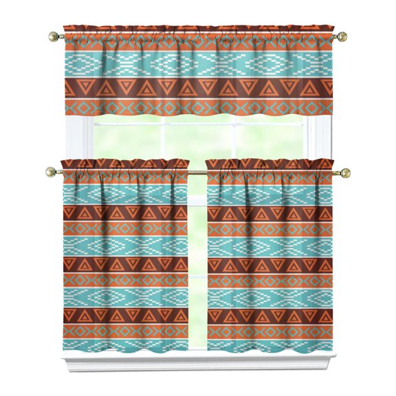 Vintage Boho Chic Kitchen Curtain Set Rustic Tier and Valance Bohemian Artistic Earthy Patterns Tribal Style Nordic Aesthetic Curtains for Home Decoration