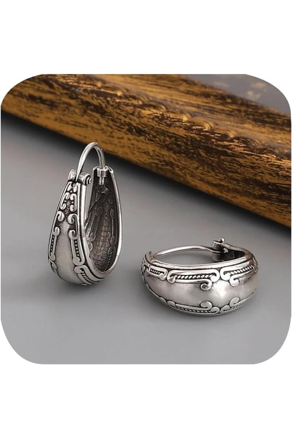 Vintage Boho Chunky Hoop Earrings for Women 925 Sterling Silver Plated Hoop Earrings Lightweight Oval Hoop Earrings Engraved Flower Dangle Earring Fashion Textured Design Earrings