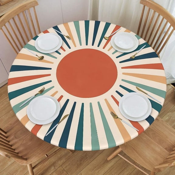 Vintage Boho Colorful Sun Print Round Tablecloth Farmhouse Table Cover with Elastic Edge Washable Fitted Table Cloth for Kitchen Patry Outdoor Decor Fits 45"-50", Medium