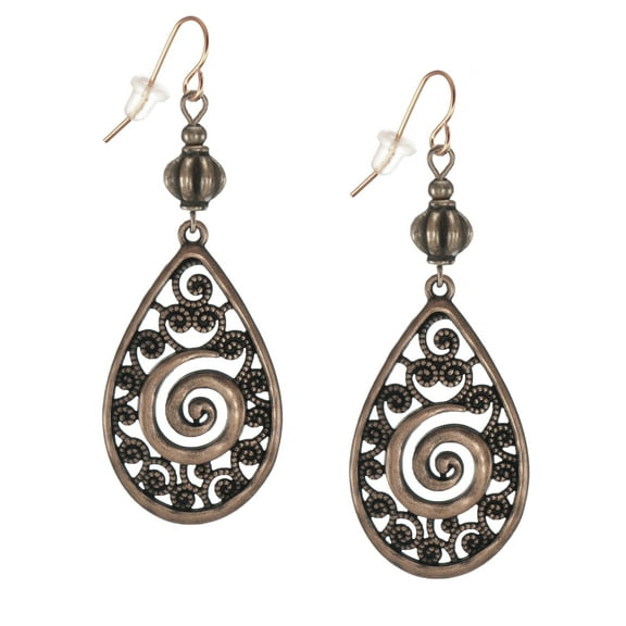Vintage Boho Copper Swirl Teardrop Statement Earrings, Rose Gold Ear Wires