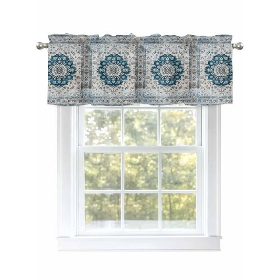 Vintage Boho Curtain Valances for Windows, Retro National Flower Textured Blue Kitchen Valance Window Treatment, Light Filtering Block Curtains for Bathroom/Bedroom/Living Room 42'' x 12''