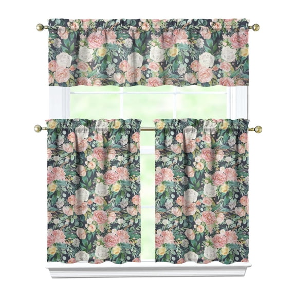 Vintage Boho Curtains 36 Inch Short - 3 Panel Farmhouse Floral Set with Rustic Wildflowers, Rod Pocket Window