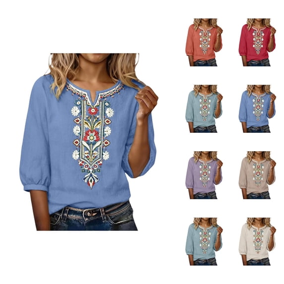 Vintage Boho Embroidered T Shirts for Women 2026 Summer Casual Elbow Sleeve Cotton Linen V Neck Lightweight Tee Shirt