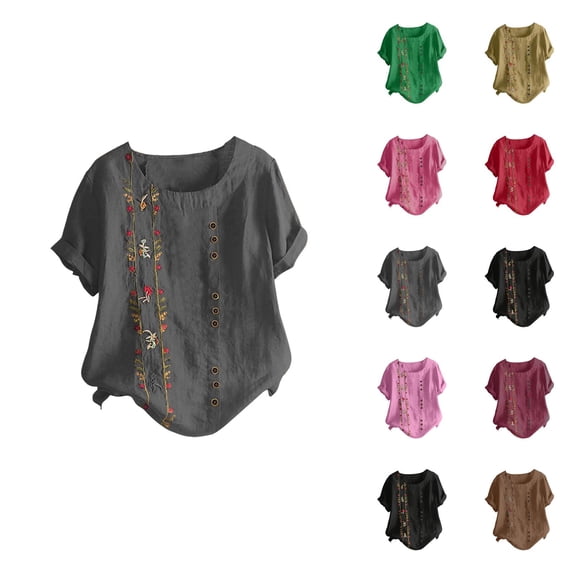 Vintage Boho Embroidered T Shirts for Women 2026 Summer Casual Short Sleeve Cotton Linen Crewneck Lightweight Tee Shirt