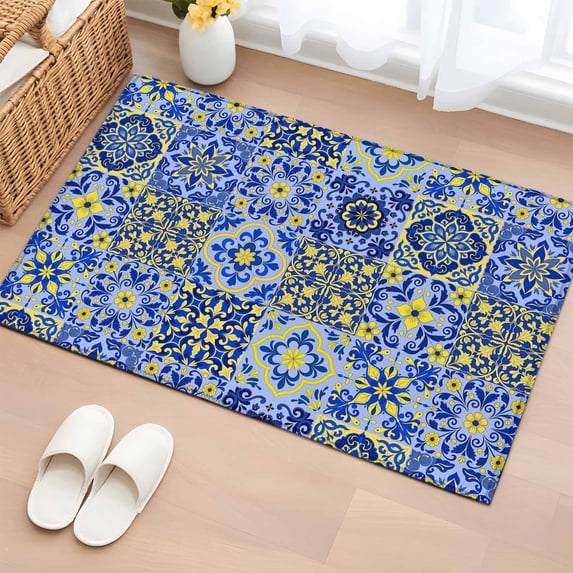 Vintage Boho Entryway Rug 2'x3' Non Slip Front Door Mats, Middle Century Bohemia Style Patchwork Blue Entrance Rugs Indoor Outdoor Carpet, Washable Floor Mats Small Area Rug for Bedroom Kitchen