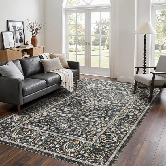 Vintage Boho Floral Area Rug – Low Pile Non-Slip Carpet, Stain Resistant, Machine Washable, for Living Room, Bedroom, Dining Room