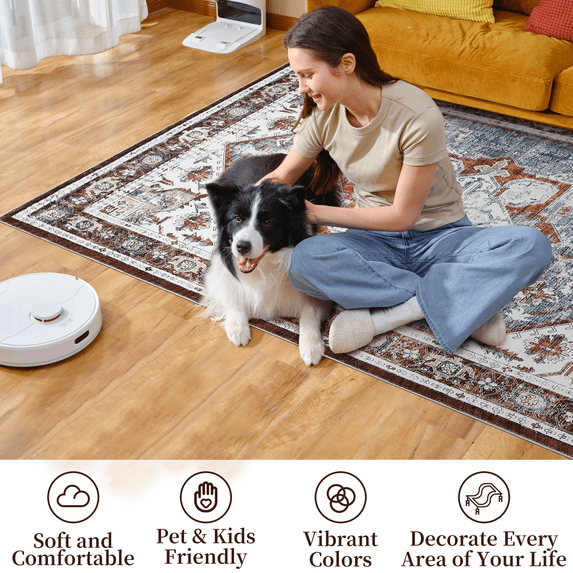 Vintage Boho Floral Area Rug, Machine Washable Rugs Low Pile Ultra-Thin Soft Carpet, Non-Slip Non-Shedding Accent Rug for Living Room, Bedroom/Entryway/Dining Room/Office