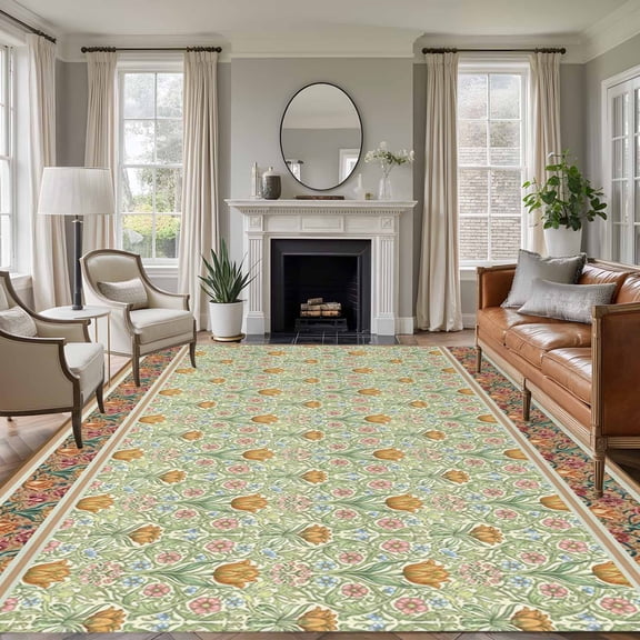 Vintage Boho Floral Area Rugs 8'x10', Washable Small Throw Rugs for Living Room Patio, Ethnic Tribe Abstract Art Flowers Indoor Outdoor Rug Non-Slip Low Pile Carpet Runner Reversible Floor Mats