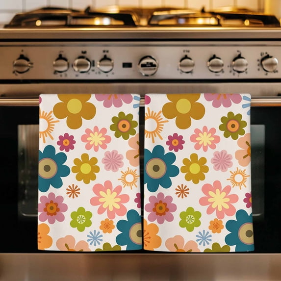 Vintage Boho Floral Kitchen Towels Set of 2, Yellow Pink Floral Bohemia Beige Absorbent Dish Towels for Kitchen, Microfiber Hand Towel, Quick Drying Tea Towel for Cleaning Decorative Dishcloths