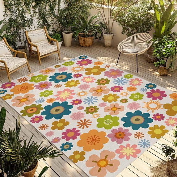 Vintage Boho Floral Outdoor Rug for Patio/Deck/Porch, Non-Slip Large Area Rug 5 x 7 Ft, Yellow Pink Floral Bohemia Beige Indoor Outdoor Rugs Washable Area Rugs, Reversible Camping Rug Carpet Runner