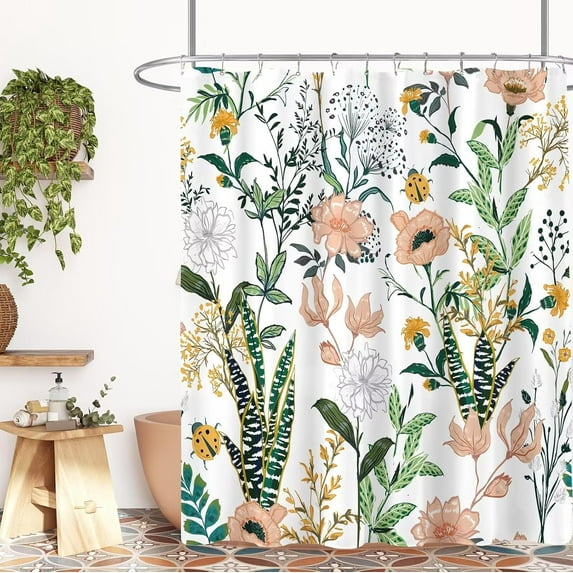Vintage Boho Floral Shower Curtain, Green Pink Spring Summer Flower Tropical Leaves Plant Cloth Fabric Shower Curtains for Cute Fun Botanical Bathroom Decor, 72x72