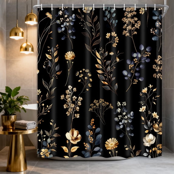 Vintage Boho Floral Shower Curtain with Hooks, Black & Gold Floral Bathroom Curtain, Waterproof Farmhouse Decor