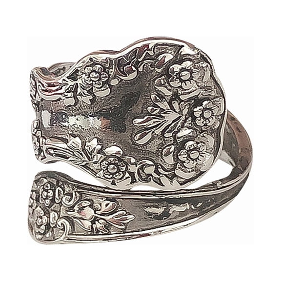 Vintage Boho Floral Spoon Fork Ring, Adjustable Open-Ended Statement Jewelry For Women, Unique Spoon-Shaped Design With Intricate Floral Patterns And Bohemian-Inspired Vintage