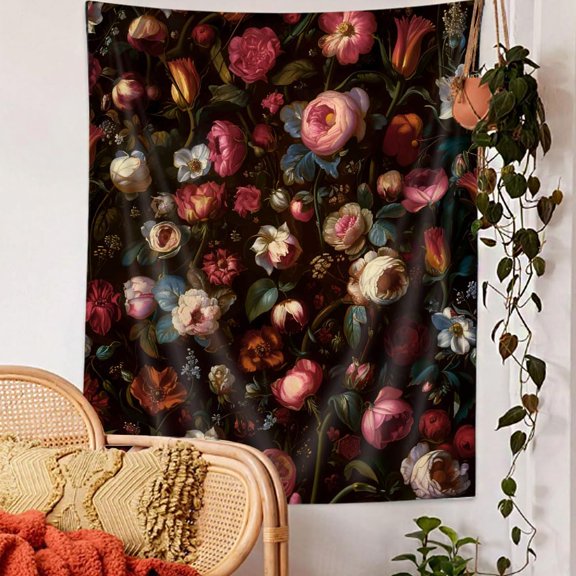 Vintage Boho Floral Tapestry Wall Hanging, Rose Pattern Decor for Dorm Bedroom Living Room, 60 x 71 Inch
