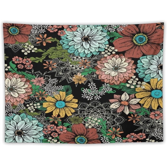 Vintage Boho Floral Tapestry Wall hanging,Bohemian Blossom Colorful Mandala Flower Tapestries, Botanical Spring Multi Color Tapestry for Bedroom Home Hippie Wall Decor 90"x60"