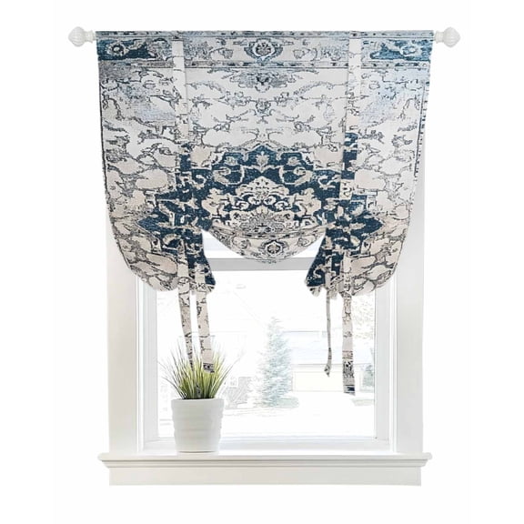 Vintage Boho Floral Tie Up Curtains for Window, Thermal Insulated Balloon Shade Adjustable Rod Pocket Curtains Valance Panels for Kitchen Bathroom Cafe 42 x 54 Retro Nationcal Flower Blue