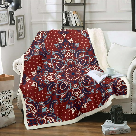 Vintage Boho Flower Sherpa Throw Blanket 40"X50" Bohemian Paisley Throw Blanket Exotic Tribal Ethnic Floral Fleece Blanket for Girls Women Retro Rustic Farmhouse Floral Flannel Blanket Red Blue