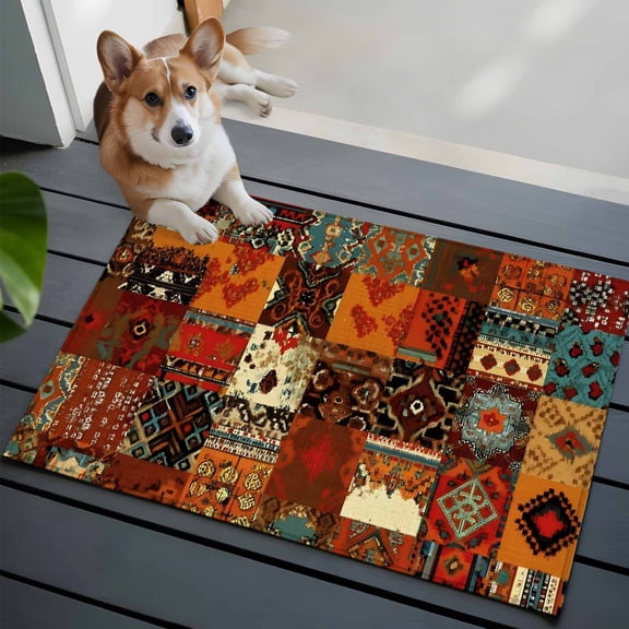 Vintage Boho Front Door Rugs 2x3 ft Rust Brown Exotic Ethnic Native Geometric Small Rug for Entryway Non Slip Washable Bathroom Door Mat Absorbent Floor Mat for Indoor Entrance