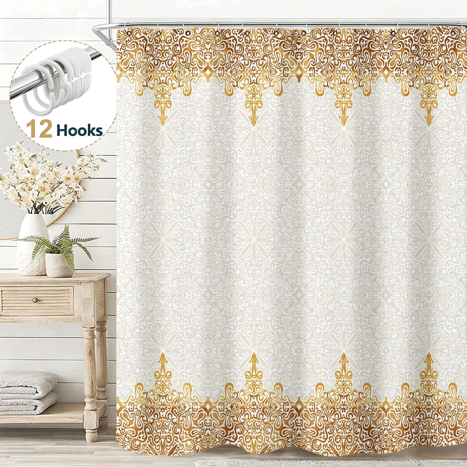 Vintage Boho Gold Damask Pattern Shower Curtain, Elegant Exquisite ...