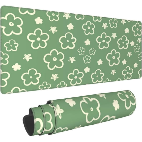 Vintage Boho Green Flowers Mouse Pad XL Extended Large Gaming Desk Mat with Nonslip Rubber Base Stitched Edges 31.5 * 11.8 in Table Accessories for Office Laptop Computer Desktop