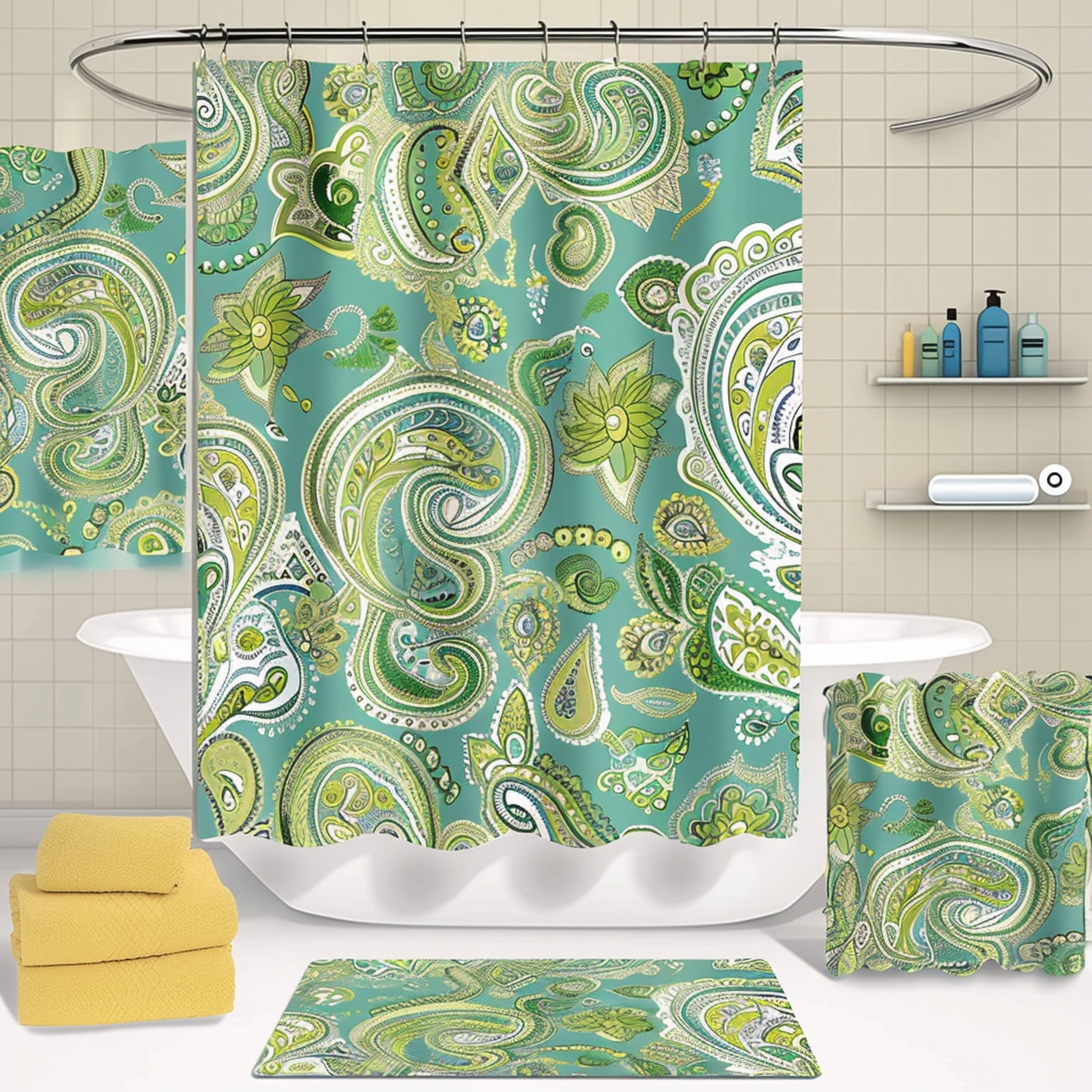 Vintage Boho Kids Bathroom Set Sage Green & Blue Paisley Design with