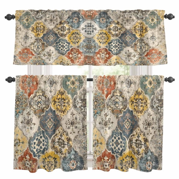 Vintage Boho Kitchen Curtains Sets for Windows 24 Inch Length, Chic Farmhouse Neutral Morocco Geometric Rod Pocket Window Treatments Tier Curtains and Valances Set for Bedroom/Bathroom