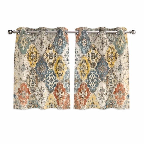 Vintage Boho Kitchen Curtains Short 45 Inch Length, Chic Farmhouse Neutral Morocco Geometric Grommet Top Bedroom Living Room Curtains, Light Filtering Cafe Curtain Drapes 2 Panels Set 84''x45''