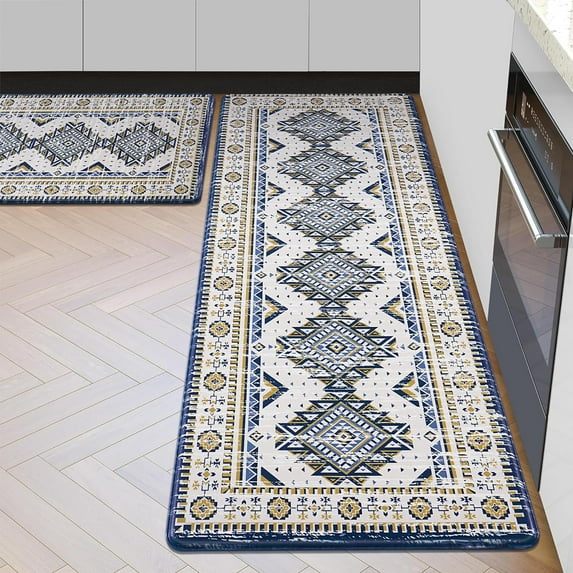 Vintage Boho Kitchen Rugs and Mats Cushioned Anti-Fatigue Kitchen Rug, Waterproof Blue Kitchen Mats and Rugs, Memory Foam Bohemian Kitchen Floor Mat for Home Laundry, 18" x 48" + 18" x 30"