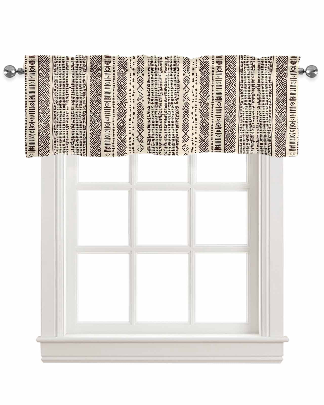 Vintage Boho Kitchen Valances for Windows Farmhouse Linen Window Valance Curtain for Living Room Window Treatment Abstract Retro Geometric Striped Beige Valance Rod Pocket Topper Drape, 60 x 18 Inch