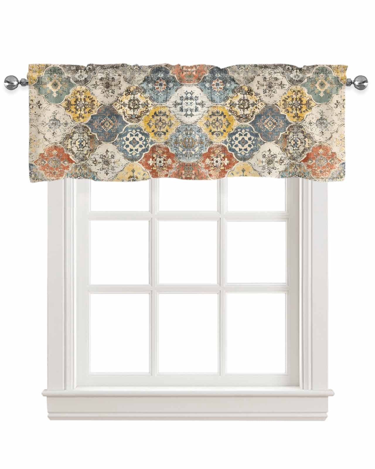 Vintage Boho Kitchen Valances for Windows Farmhouse Linen Window Valance Curtain for Living Room Window Treatment Chic Farmhouse Neutral Morocco Geometric Valance Rod Pocket Topper, 60 x 18 Inch