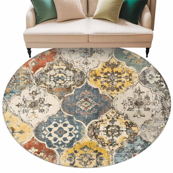 Vintage Boho Large Area Rugs for Bedroom Living Room, Soft Non Slip Carpet Bedside Rug, Chic Farmhouse Neutral Morocco Geometric Round Floor Cover Kitchen Accent Rug 6' for Dining Room/Office