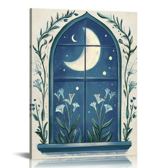 Vintage Boho Moon Canvas Wall Art, Spiritual Mystical Artwork Poster, Folk Art Flower Leaves Stars Pictures, Vintage Blue Boho Wall Decor for Bedroom