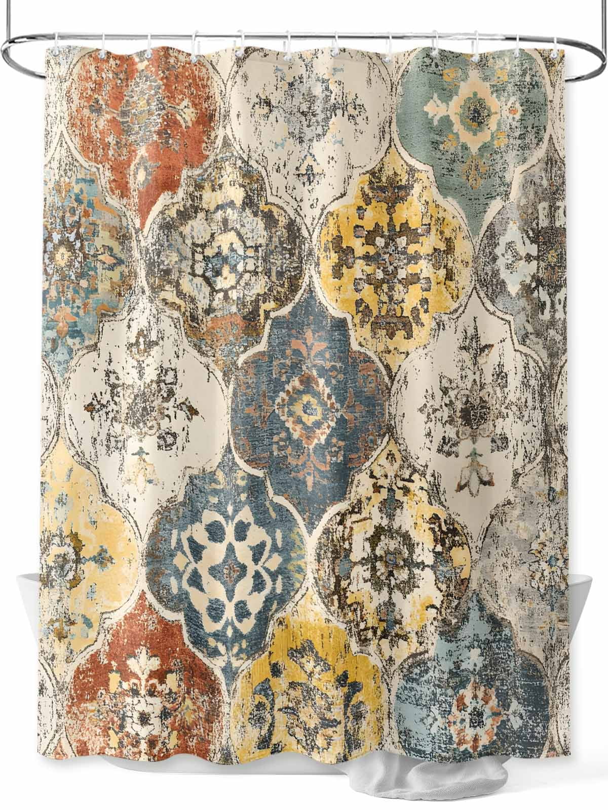 Vintage Boho Morocco Shower Curtain, Floral Lattice Pattern Bathroom Decor Curtains Set with Hooks, Yellow Cream Waterproof Fabric Home Accessories， 72 X 72 Inch Long