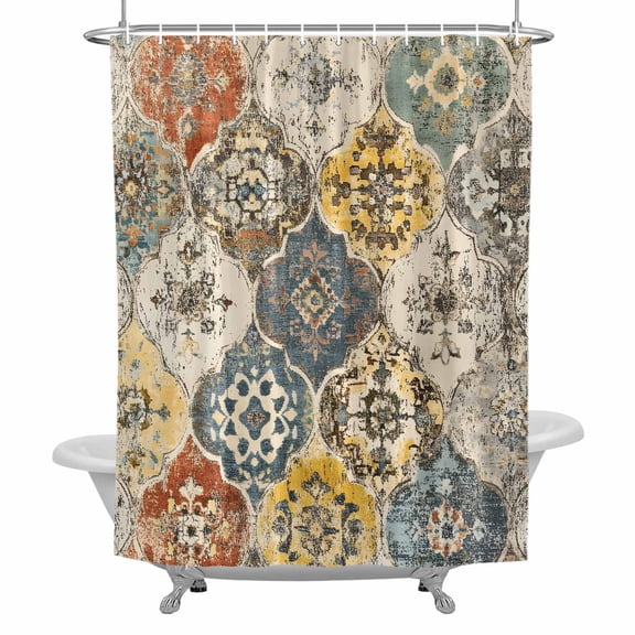 Vintage Boho Morocco Shower Curtain Set with Hooks, Floral Lattice Pattern Waterproof Fabric Bathroom Curtains Decor Home Accessories,Stall 36 X 72 Inch