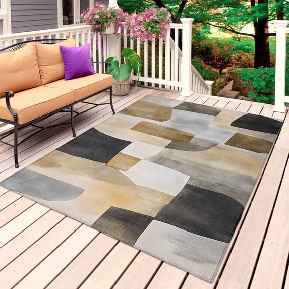 Vintage Boho Outdoor Rug 4x6 Ft, Non Slip Washable Area Rug, Abstract Retro Oil Painting Geometric Patio Rugs Carpet Runner, Large Floor Mat for Indoor/Outdoor Deck Porch Camping