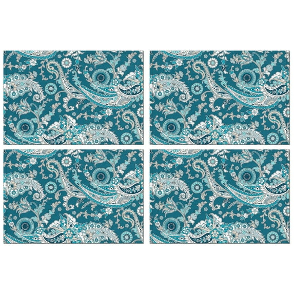 Vintage Boho Paisley Placemats in Flax Linen, Heat Resistant and Wrinkle Free, Showcasing Colorful Floral and Mandala Artistic Geometric Design, Set of 4
