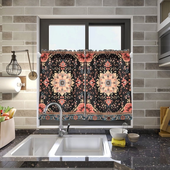 Vintage Boho Pattern Kitchen Curtains Half Tier Curtain 2 Rod Pockets Bathroom Bedroom Cupborad Living Room 27"x24"