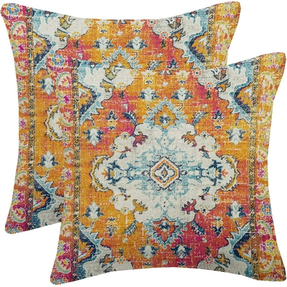 Vintage Boho Pillow Covers 18X18 Inch Set of 2 Antique Ethnic Orange Teal Carpet Pattern Throw Pillow Covers Bohemian Decorative Pillow Case Linen Cushion Cover for Home Couch Sofa Outdoor