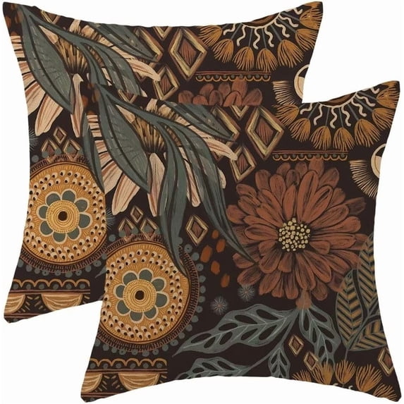 Vintage Boho Pillow Covers 18x18 Inch Set of 2, Brown Green Retro Flower Decorative Outdoor Throw Pillows Farmhouse Linen Floral Pillow Case for Sofa Bedroom Living Room Indoor Outdoor