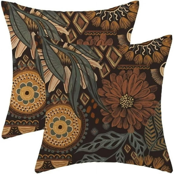 Vintage Boho Pillow Covers 20x20 Inch Set of 2, Brown Green Retro Flower Decorative Outdoor Throw Pillows Farmhouse Linen Floral Pillow Case for Sofa Bedroom Living Room Indoor Outdoor