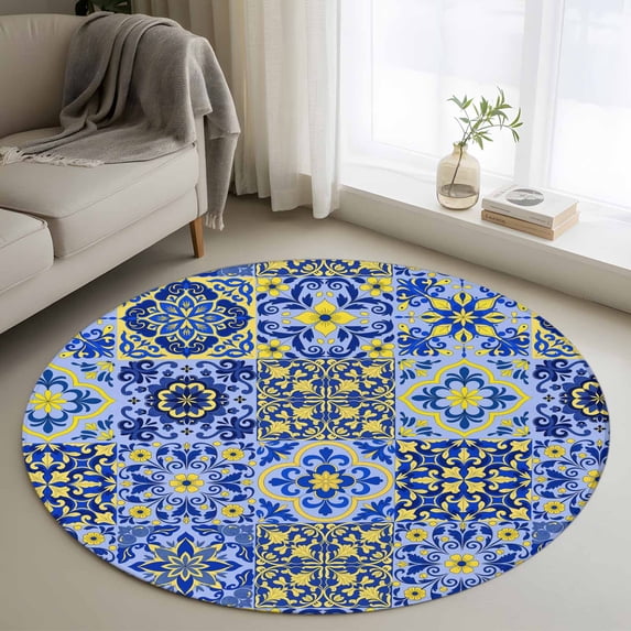 Vintage Boho Round Area Rug 3.3Ft Washable Circle Rugs for Dining Room Table, Middle Century Bohemia Style Patchwork Blue Non-Slip Carpet Floor Mats Indoor Outdoor Carpet Runner Aesthetic Home Decor