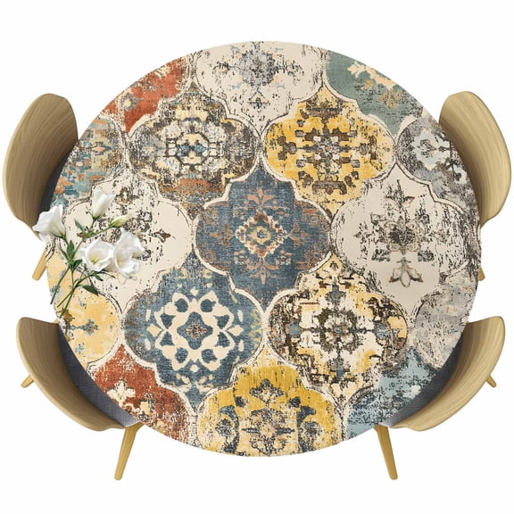 Vintage Boho Round Tablecloth 36-44 Inch Round Fitted Table Cloth with Elastic Edge, Chic Farmhouse Neutral Morocco Geometric Waterproof Table Cover Protector for Outdoor Picnic Party Dining