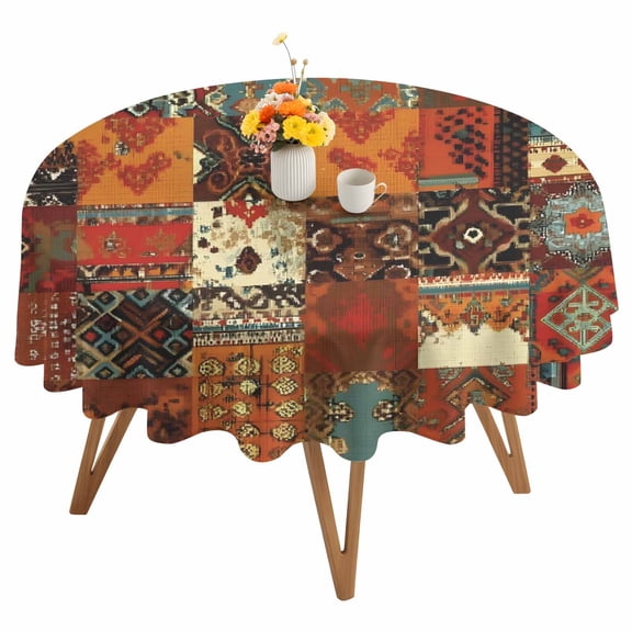 Vintage Boho Round Tablecloth 54 inches Rust Brown Exotic Ethnic Native Geometric Waterproof Oil-Proof Table Cloth Round Table Cover for Holiday Party Picnic Dinner Decor Indoor and Outdoor Use