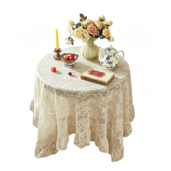 Vintage Boho Ruffle Lace Tablecloth, Floral Embroidered Table Cloth, for Wedding Bridal Baby Shower Party Reception Home Decor