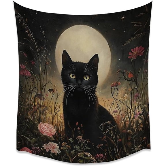 Vintage Boho Rustic Halloween Art Floral Moon Tapestry Dark Academia Mysterious Celestial Aesthetic Tapestries Gothic Black Cat Wall Hanging for Living Room Dorm Wall Decorwhite30x40inch